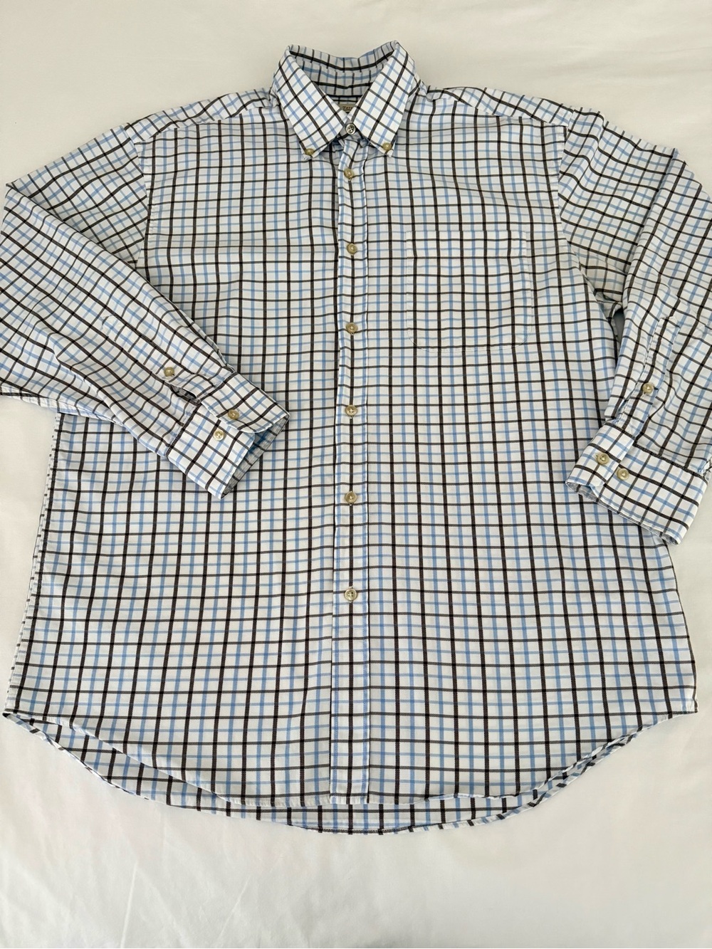 James Tattersall Plaid Button Down 100% Cotton Shirt Blue Brown XL 17-17.5 43/44